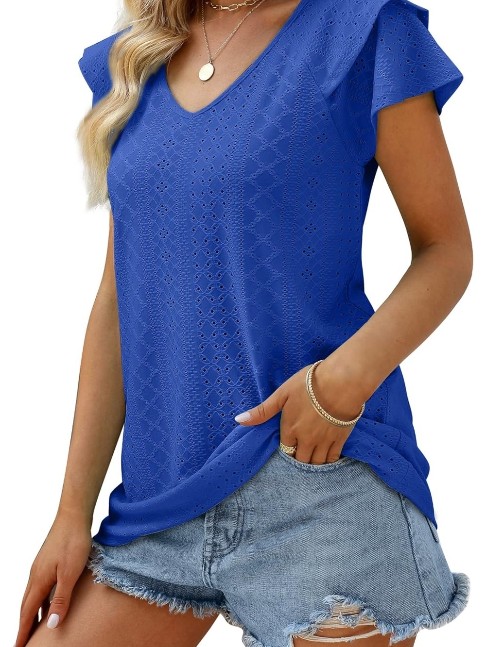 Like New, Blue Eyelet V-Neck Short Sleeve Top Flutter Sleeves